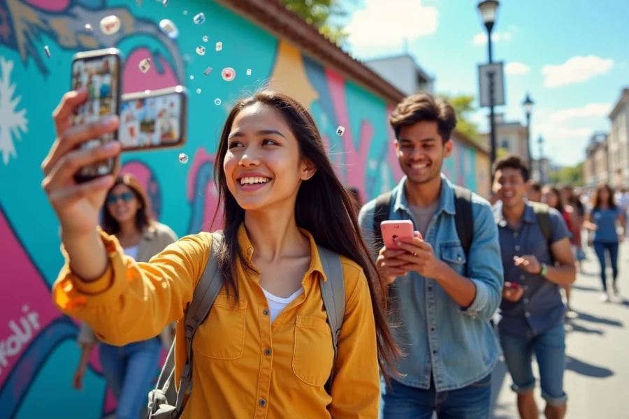 Grupo diversificado de jovens interagindo com smartphones, demonstrando como desflopar o Instagram.