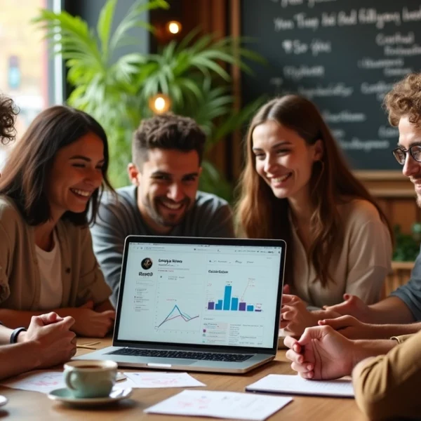 Grupo de jovens em um café discutindo estratégias para encontrar fornecedores confiáveis de seguidores.