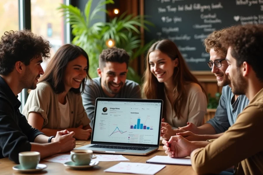 Grupo de jovens em um café discutindo estratégias para encontrar fornecedores confiáveis de seguidores.