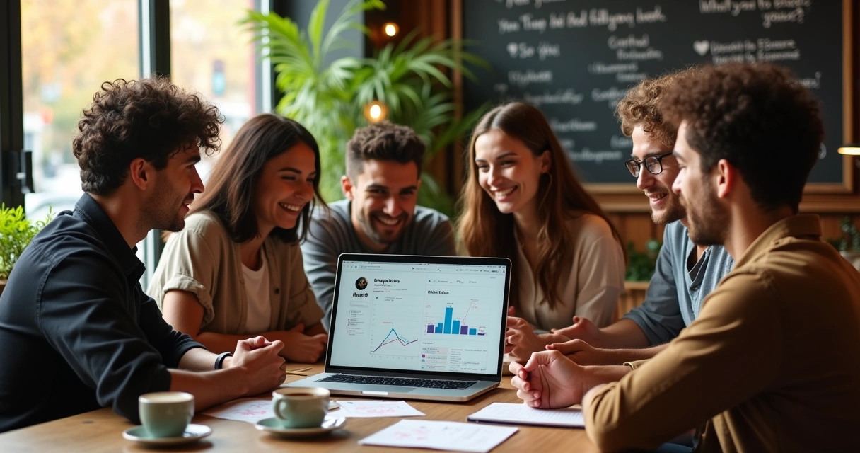 Grupo de jovens em um café discutindo estratégias para encontrar fornecedores confiáveis de seguidores.