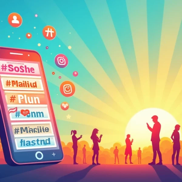 Ilustração mostrando telefone com hashtags em uma rede social, cercado por ícones de seguidores e curtidas.
