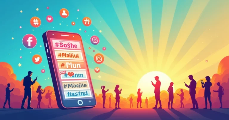 Ilustração mostrando telefone com hashtags em uma rede social, cercado por ícones de seguidores e curtidas.