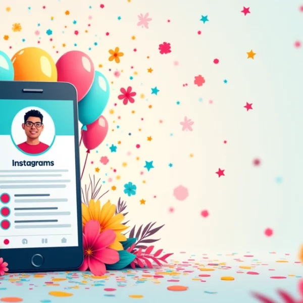 Ilustração de smartphone mostrando perfil do Instagram com 1.000 seguidores e elementos festivos ao redor.