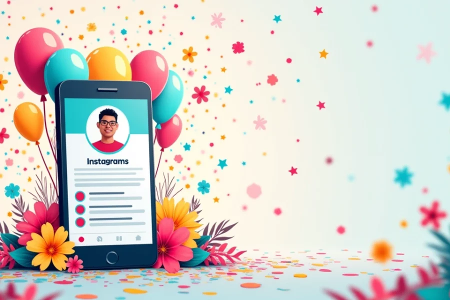 Ilustração de smartphone mostrando perfil do Instagram com 1.000 seguidores e elementos festivos ao redor.