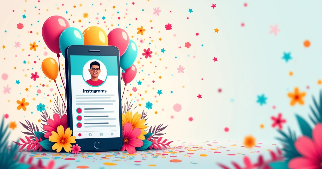 Ilustração de smartphone mostrando perfil do Instagram com 1.000 seguidores e elementos festivos ao redor.