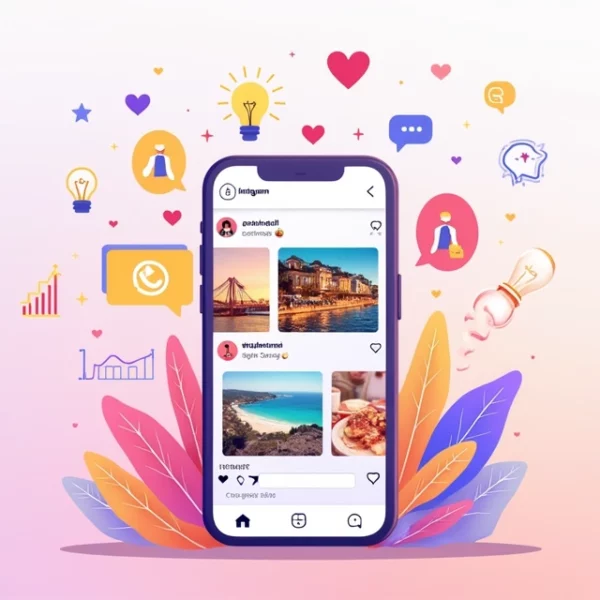 Ilustração vibrante de postagem no Instagram com telefone, imagens atraentes e ícones de engajamento.