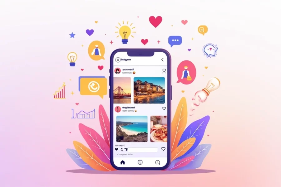 Ilustração vibrante de postagem no Instagram com telefone, imagens atraentes e ícones de engajamento.