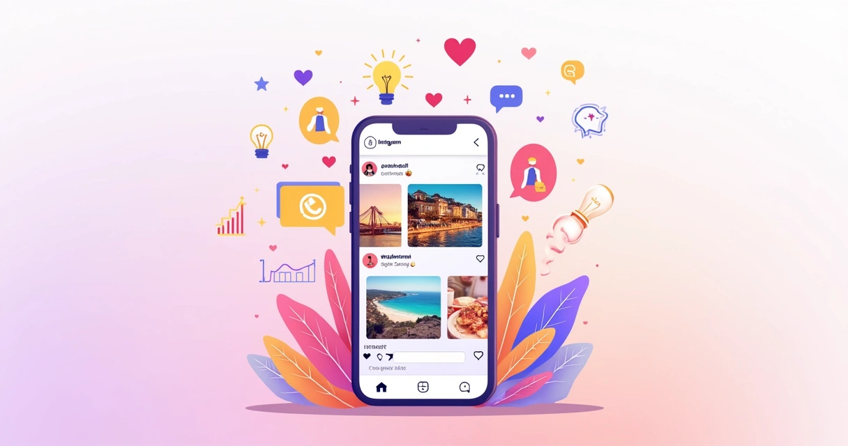 Ilustração vibrante de postagem no Instagram com telefone, imagens atraentes e ícones de engajamento.