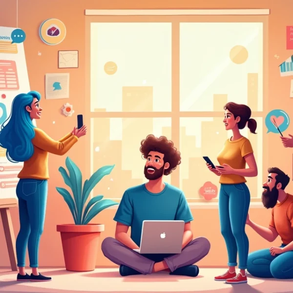 Cena vibrante de marketing digital com criadores de conteúdo em atividade, simbolizando o crescimento no Instagram.