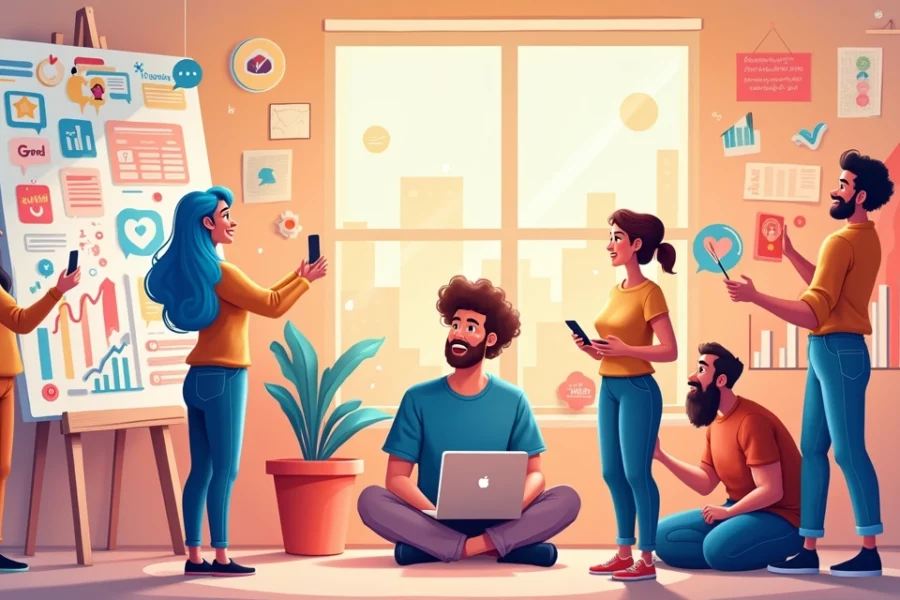 Cena vibrante de marketing digital com criadores de conteúdo em atividade, simbolizando o crescimento no Instagram.