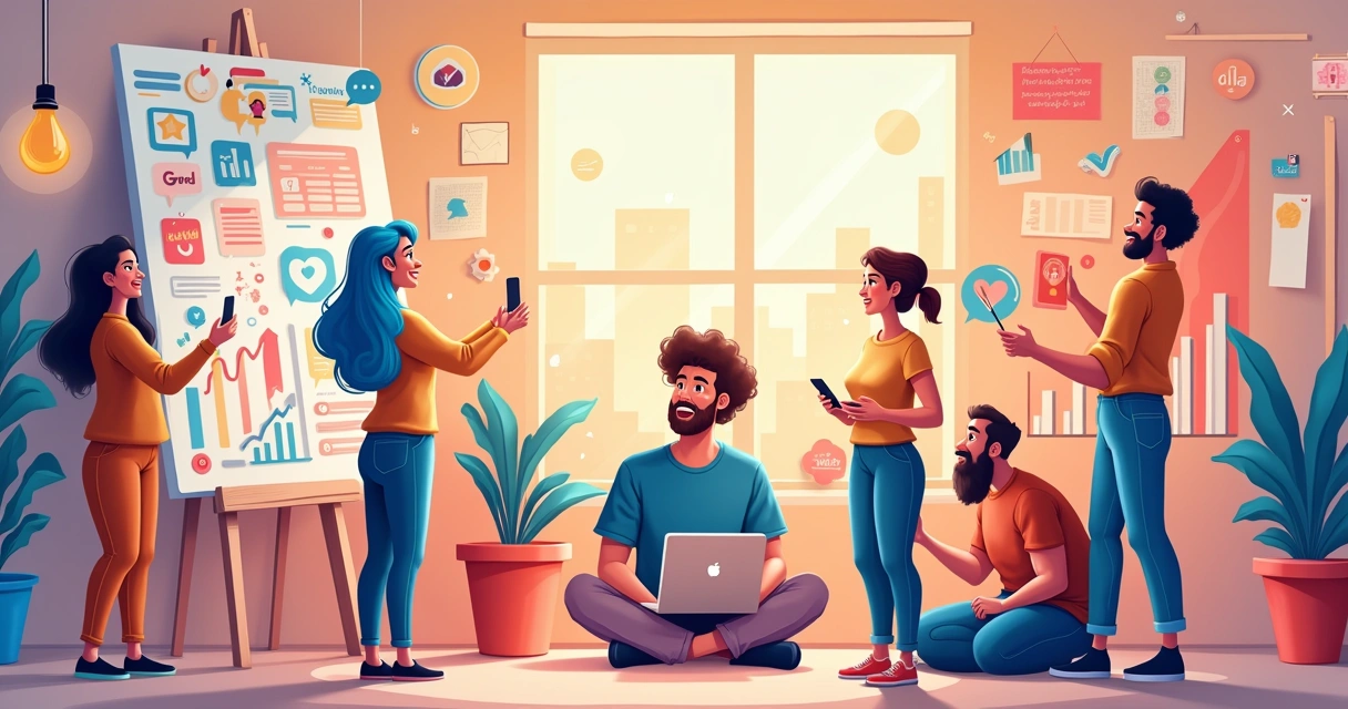 Cena vibrante de marketing digital com criadores de conteúdo em atividade, simbolizando o crescimento no Instagram.