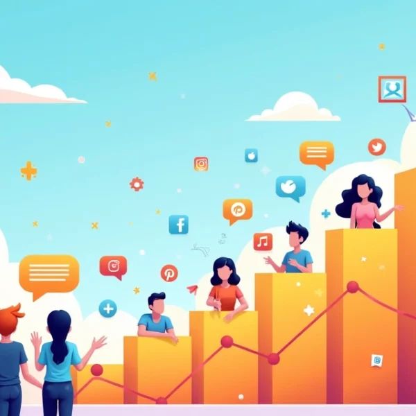 Ilustração colorida mostrando o crescimento de seguidores nas redes sociais, com influenciadores e gráficos positivos.