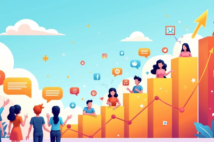 Ilustração colorida mostrando o crescimento de seguidores nas redes sociais, com influenciadores e gráficos positivos.