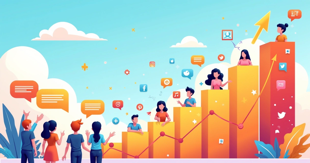 Ilustração colorida mostrando o crescimento de seguidores nas redes sociais, com influenciadores e gráficos positivos.