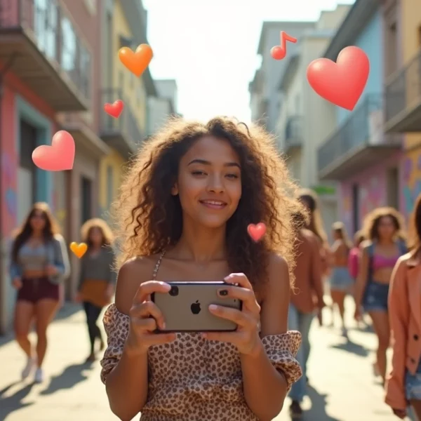 Um criador de conteúdo do TikTok em um ambiente urbano vibrante, filmando com um celular