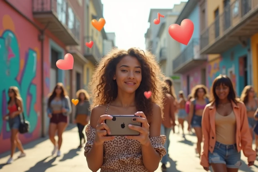 Um criador de conteúdo do TikTok em um ambiente urbano vibrante, filmando com um celular