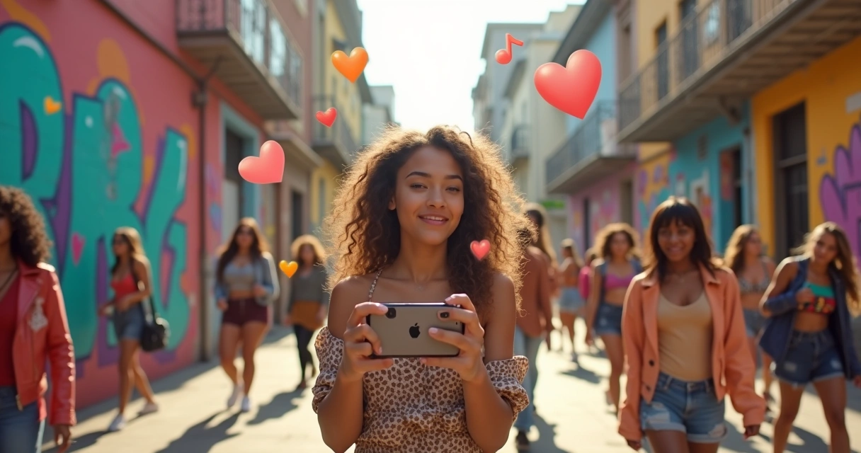 Um criador de conteúdo do TikTok em um ambiente urbano vibrante, filmando com um celular