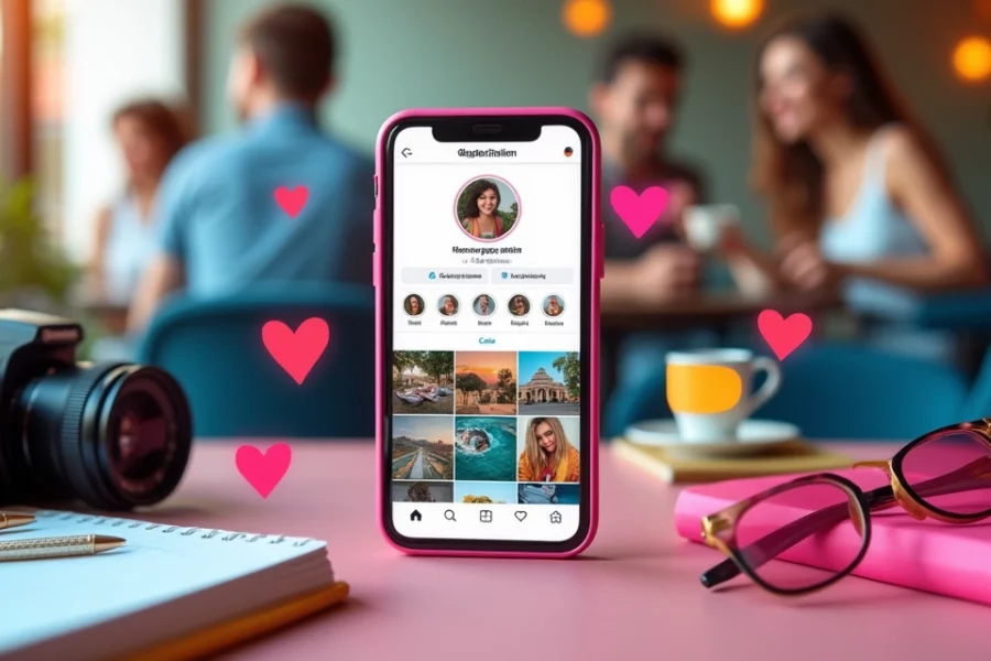 Cena vibrante de Instagram com notificações coloridas, smartphone e acessórios de redes sociais.