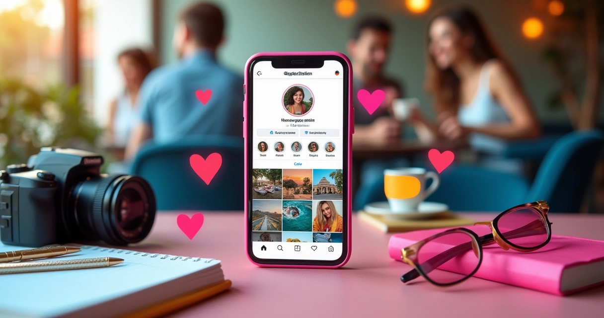 Cena vibrante de Instagram com notificações coloridas, smartphone e acessórios de redes sociais.