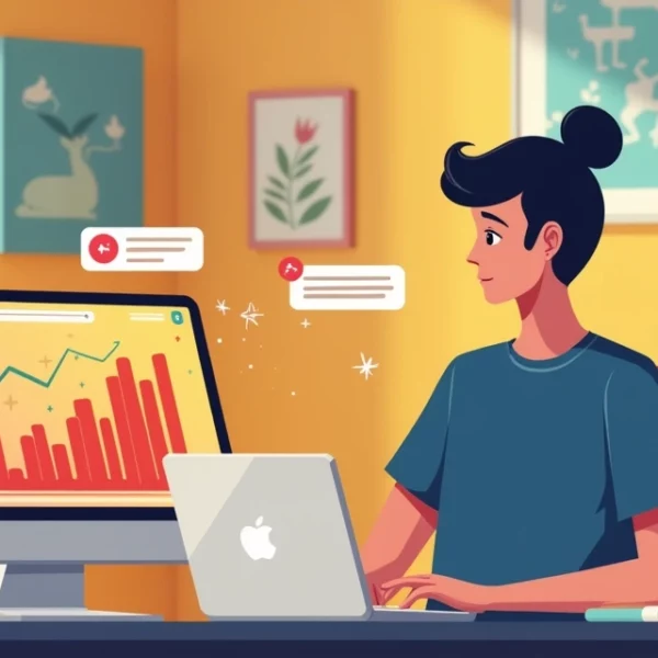Jovem empreendedora em um escritório moderno, laptop aberto, gráficos de seguidores em crescimento e acessórios inspiradores.