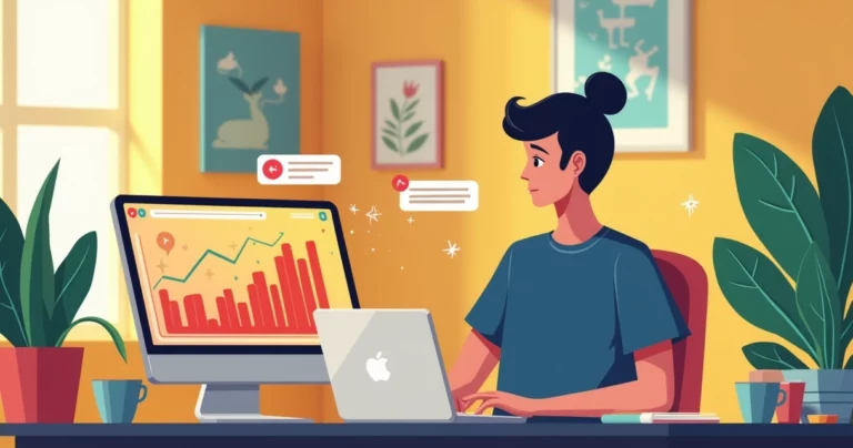 Jovem empreendedora em um escritório moderno, laptop aberto, gráficos de seguidores em crescimento e acessórios inspiradores.