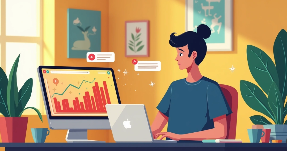 Jovem empreendedora em um escritório moderno, laptop aberto, gráficos de seguidores em crescimento e acessórios inspiradores.