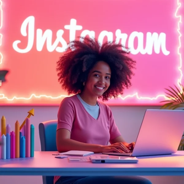 Ilustração digital de uma jovem em um escritório vibrante, focada em criar conteúdo para Instagram.