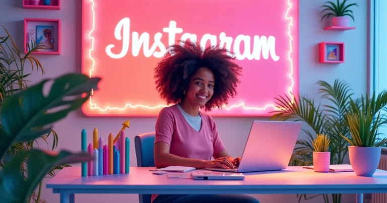Ilustração digital de uma jovem em um escritório vibrante, focada em criar conteúdo para Instagram.