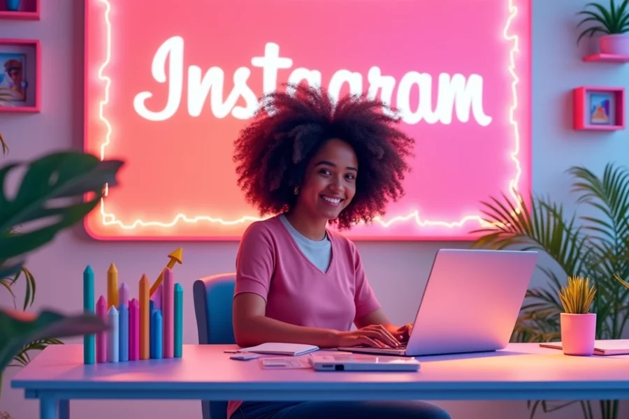 Ilustração digital de uma jovem em um escritório vibrante, focada em criar conteúdo para Instagram.