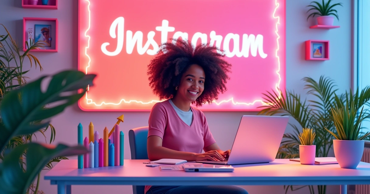 Ilustração digital de uma jovem em um escritório vibrante, focada em criar conteúdo para Instagram.