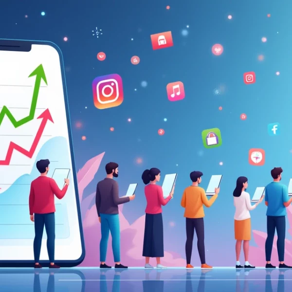 Grupo diversificado de usuários analisa contagens de seguidores em smartphones, com ícones de redes sociais no fundo.