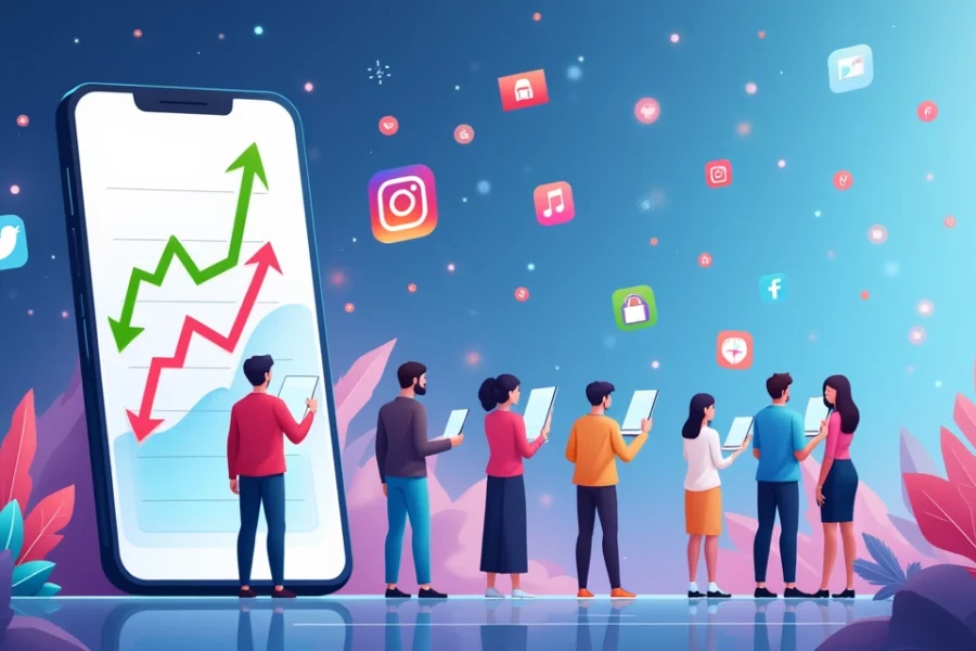 Grupo diversificado de usuários analisa contagens de seguidores em smartphones, com ícones de redes sociais no fundo.