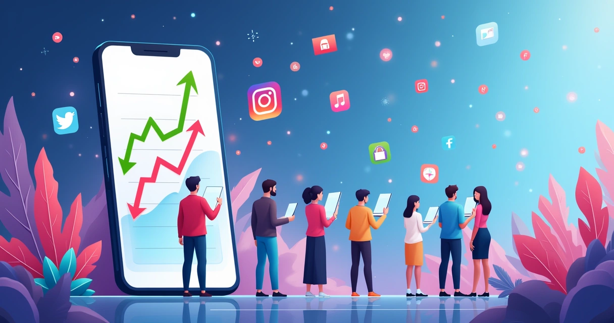 Grupo diversificado de usuários analisa contagens de seguidores em smartphones, com ícones de redes sociais no fundo.