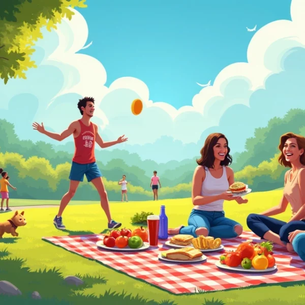 Grupo de amigos fazendo piquenique em um parque ensolarado, com frutas e um cachorro brincando.