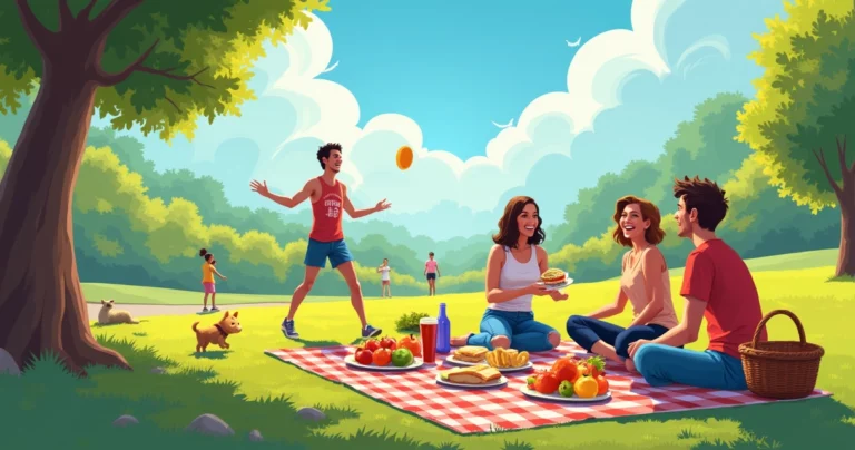 Grupo de amigos fazendo piquenique em um parque ensolarado, com frutas e um cachorro brincando.