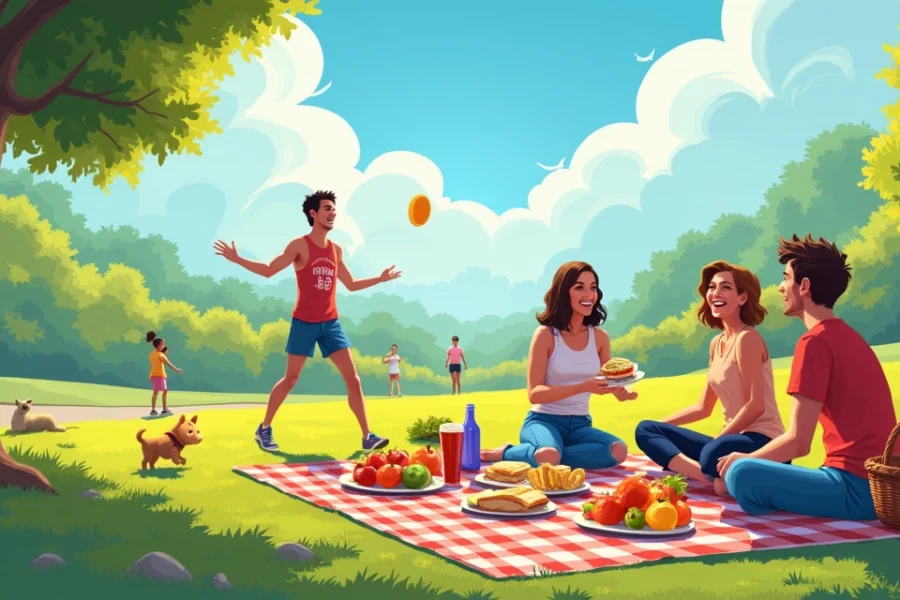 Grupo de amigos fazendo piquenique em um parque ensolarado, com frutas e um cachorro brincando.