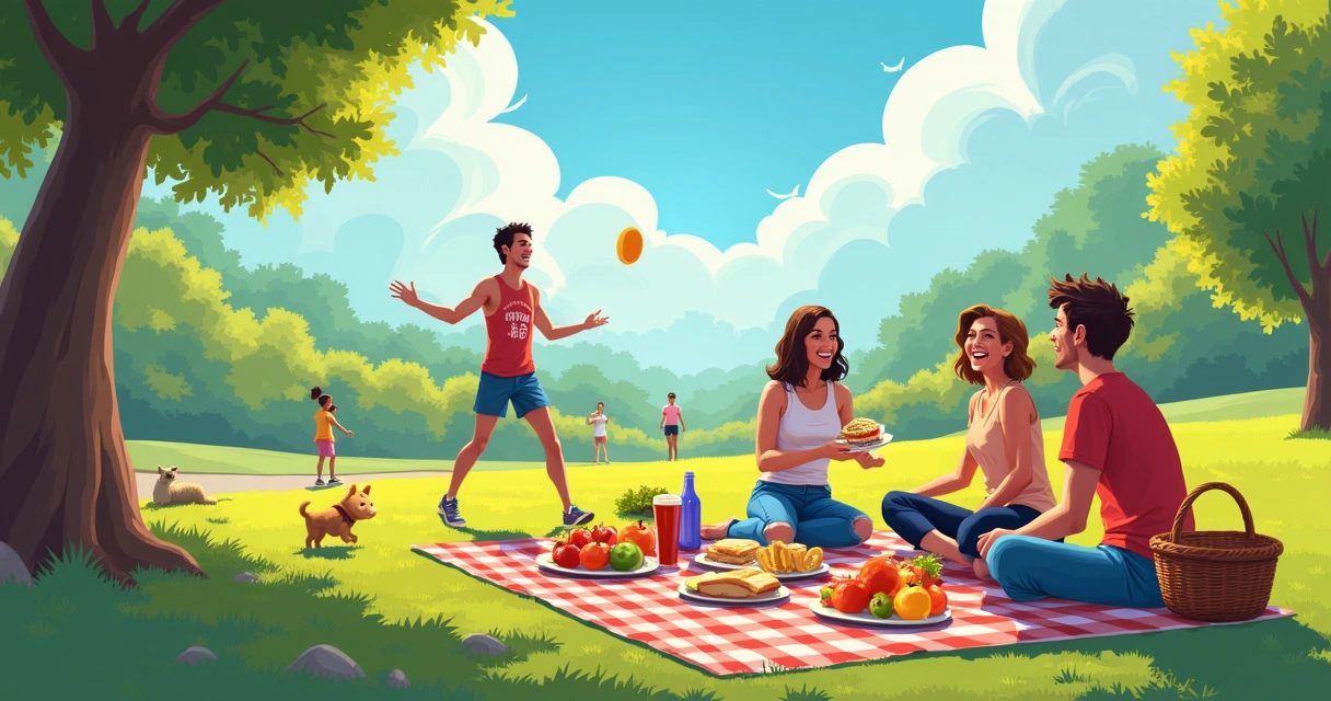 Grupo de amigos fazendo piquenique em um parque ensolarado, com frutas e um cachorro brincando.
