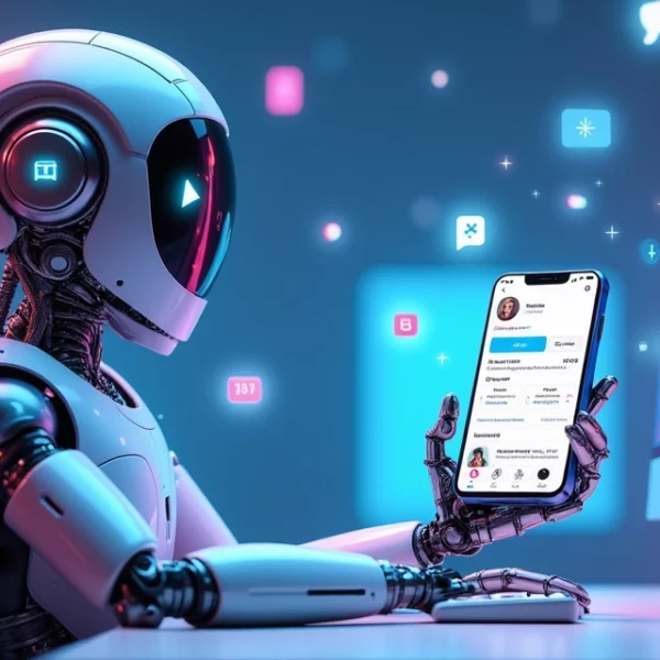 Robô futurista em uma mesa com telas de redes sociais e números de seguidores, em um fundo colorido.