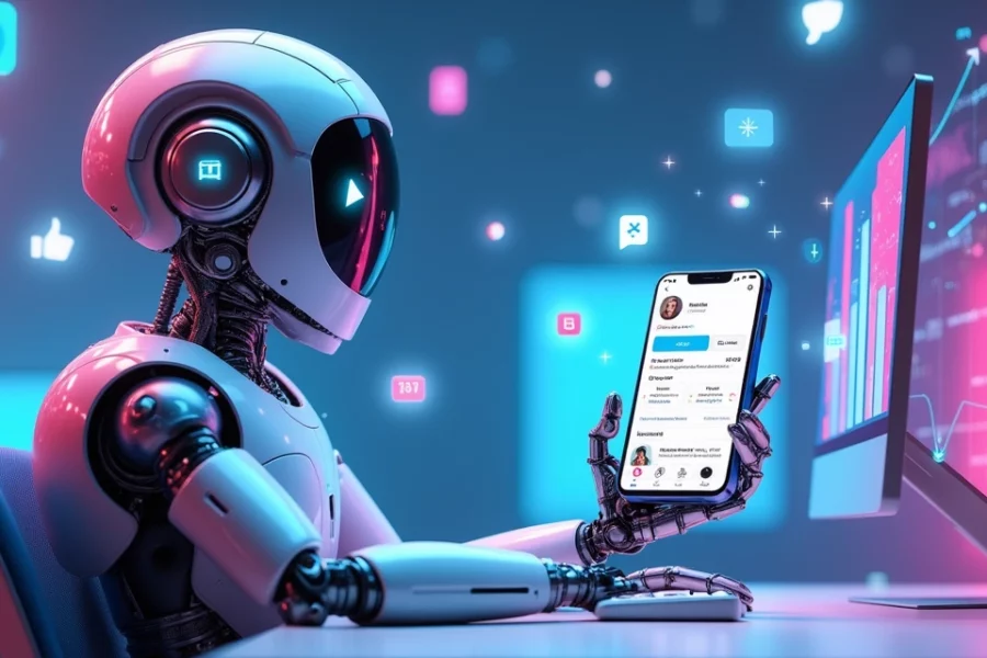 Robô futurista em uma mesa com telas de redes sociais e números de seguidores, em um fundo colorido.