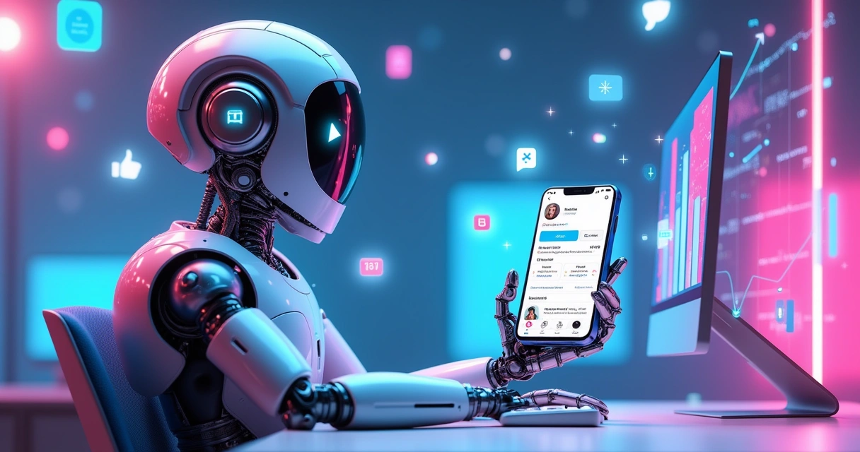 Robô futurista em uma mesa com telas de redes sociais e números de seguidores, em um fundo colorido.