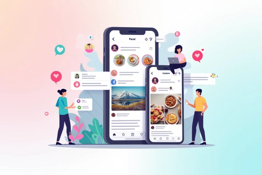 Ilustração de um smartphone exibindo um perfil do Instagram com ícones de engajamento ao redor.