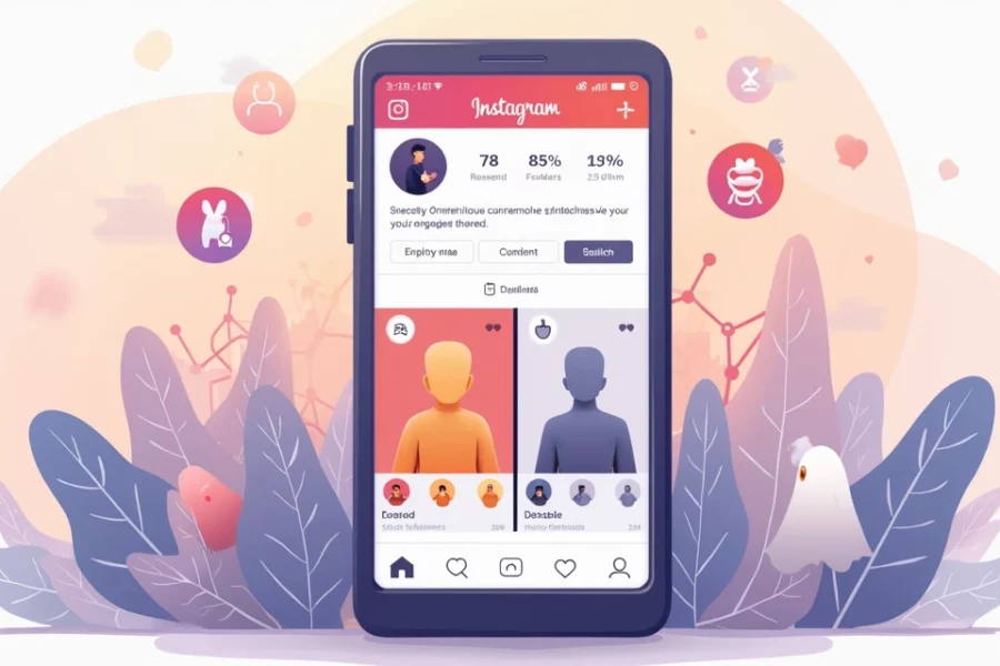 Ilustração de perfil do Instagram com seguidores reais e seguidores fantasmas destacados
