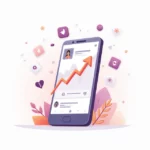 Tela de um smartphone mostrando gráfico de crescimento de seguidores no Instagram com ícones de curtidas e comentários ao redor