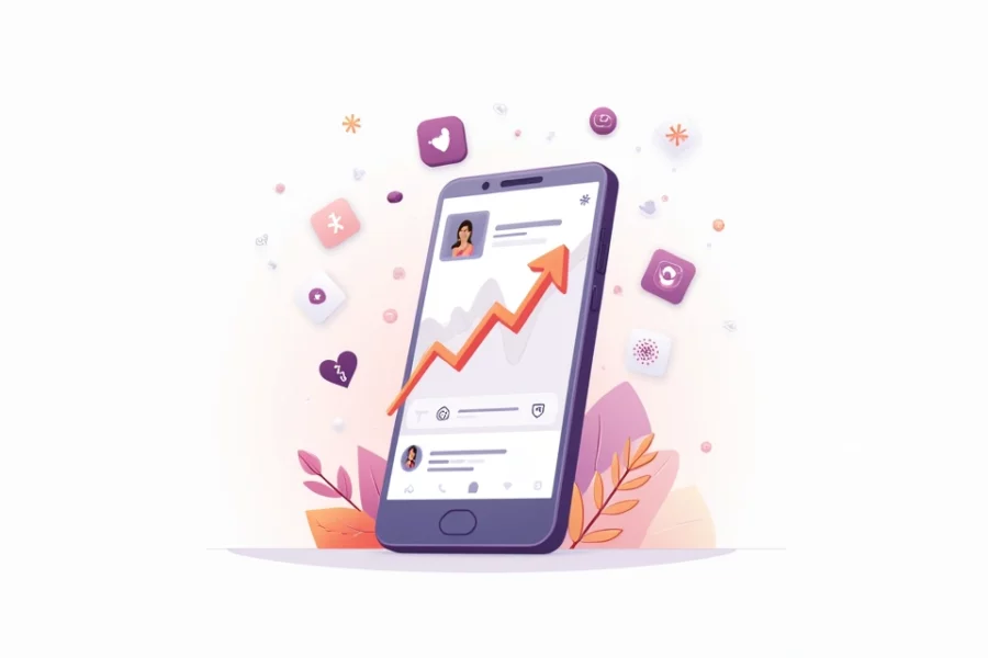 Tela de um smartphone mostrando gráfico de crescimento de seguidores no Instagram com ícones de curtidas e comentários ao redor