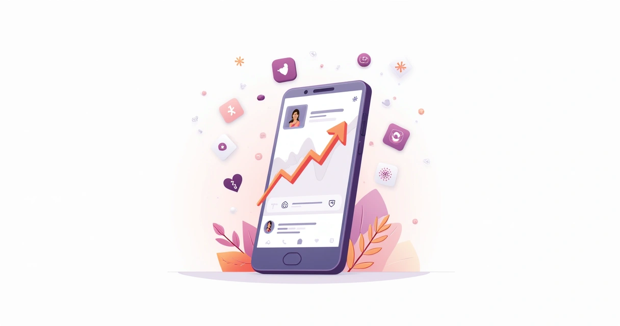 Tela de um smartphone mostrando gráfico de crescimento de seguidores no Instagram com ícones de curtidas e comentários ao redor