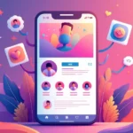 Ilustração de perfil do Instagram com ícones de seguidores e curtidas aumentando