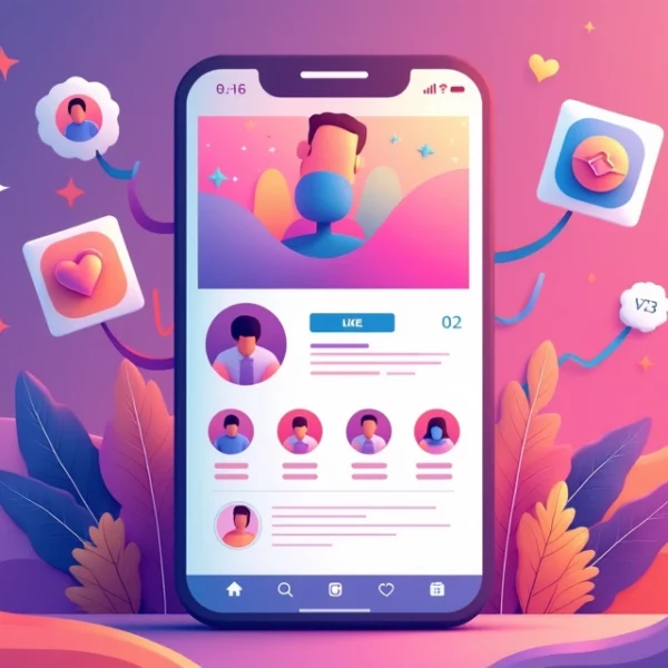 Ilustração de perfil do Instagram com ícones de seguidores e curtidas aumentando