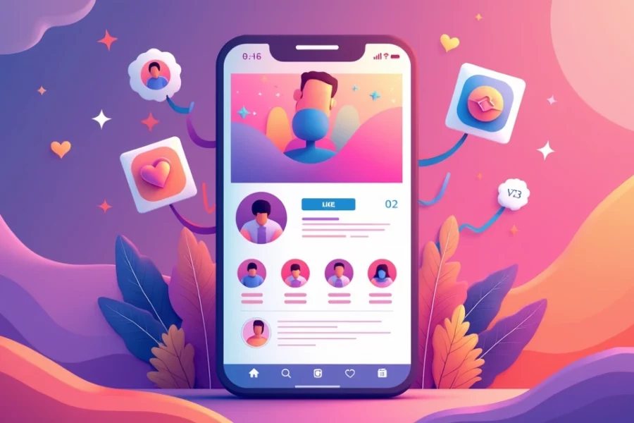 Ilustração de perfil do Instagram com ícones de seguidores e curtidas aumentando