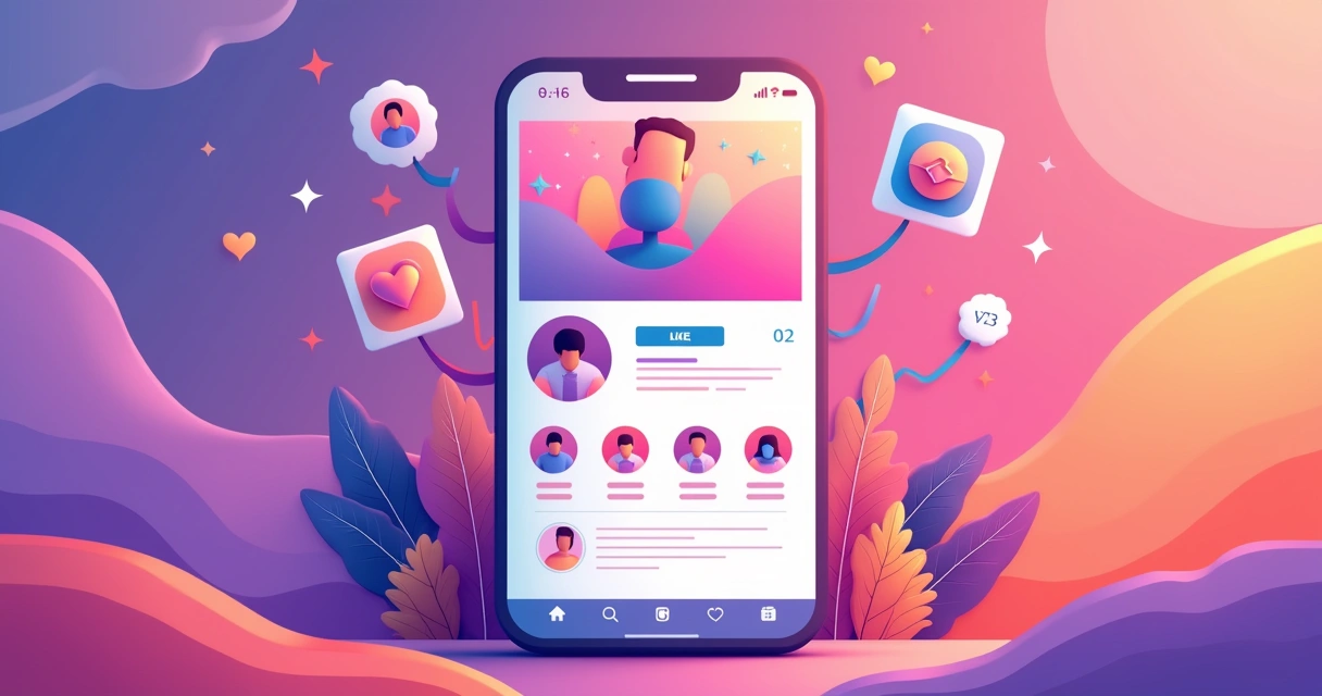 Ilustração de perfil do Instagram com ícones de seguidores e curtidas aumentando