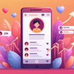Ilustração colorida de um perfil no Instagram com o número 20k destacados e gráficos de crescimento e engajamento ao redor